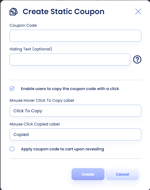 Screenshot of static coupon option