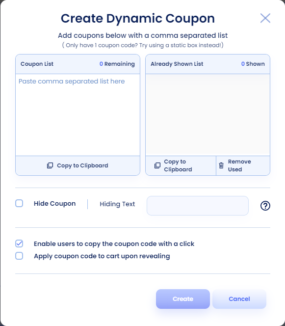 Screenshot of dynamic coupon option