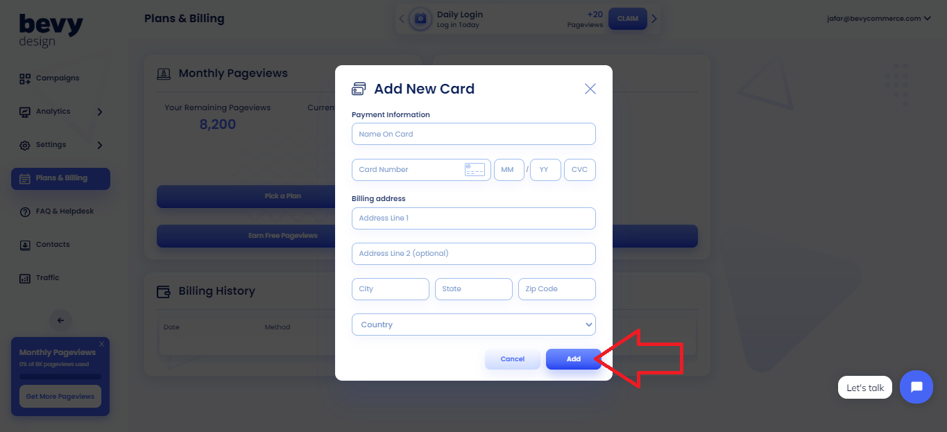 Screenshot of adding a card-filling out information and clicking on Add button