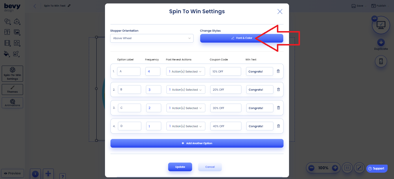 Screenshot of Spin to Win Customization
