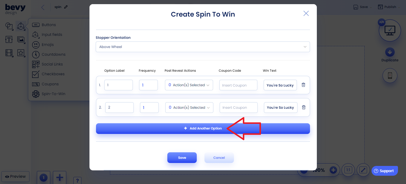 Screenshot of Spin to Win Option Attributes