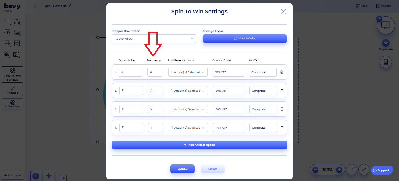 Screenshot of Spin to Win Option Attributes